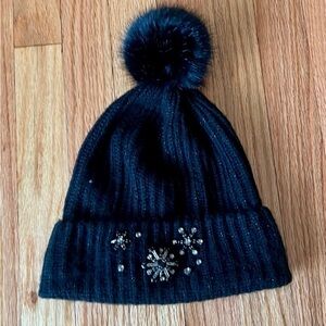 Victoria secret black pompom topped wool beanie and crystals